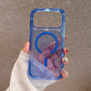 A hand holds a clear blue magnetic case with a glitter finish for an iPhone.