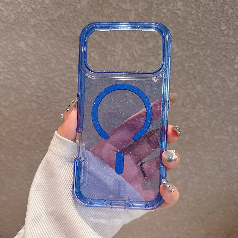 A hand holds a clear blue magnetic case with a glitter finish for an iPhone.