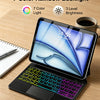 A black Magic Keyboard case for an iPad displaying a colorful rainbow backlight on the keyboard keys.