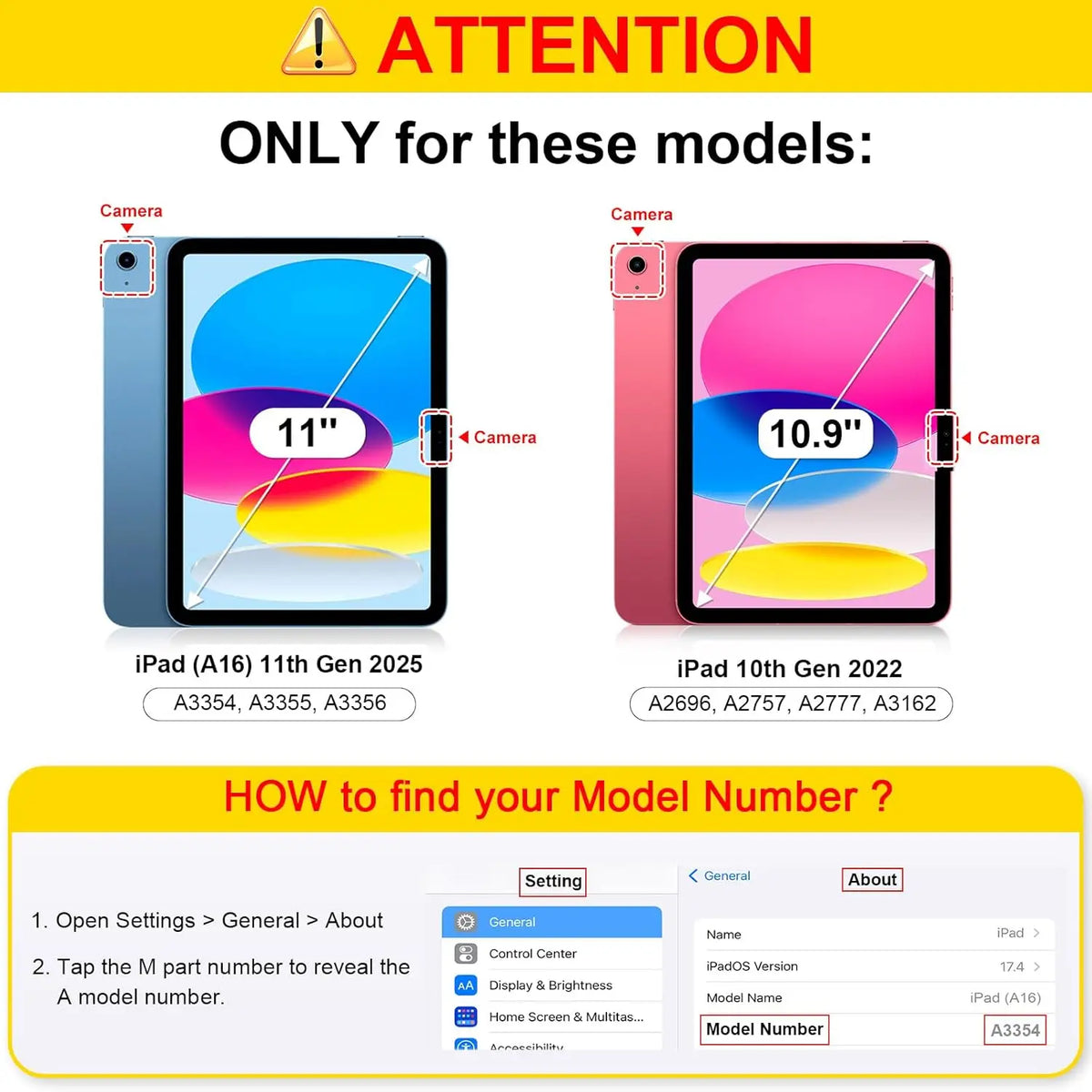 Instructions showing how to find the model number for iPad models and displaying examples of 11th Gen and 10th Gen iPads