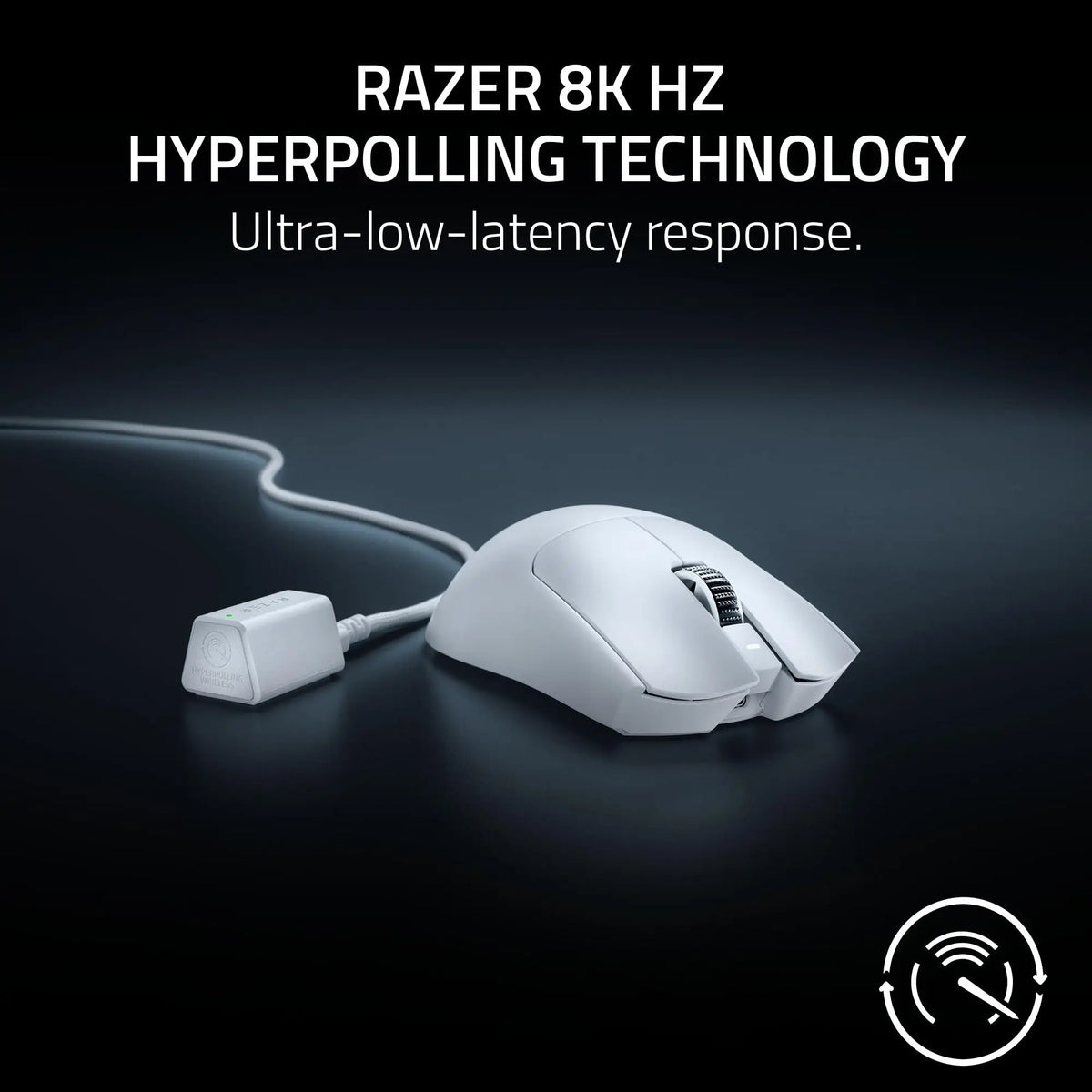White Razer Viper V3 Pro wireless gaming mouse shown on a dark surface.