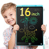 A smiling boy holds a 16-inch multi-color LCD drawing tablet displaying a giraffe outline.