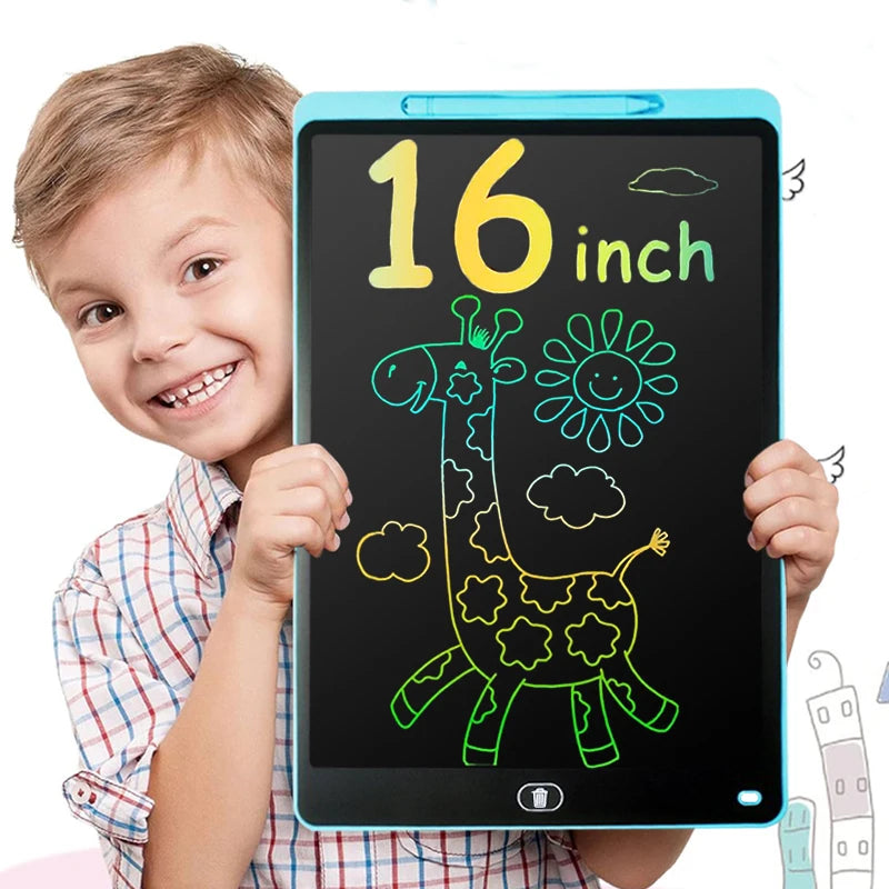 A smiling boy holds a 16-inch multi-color LCD drawing tablet displaying a giraffe outline.