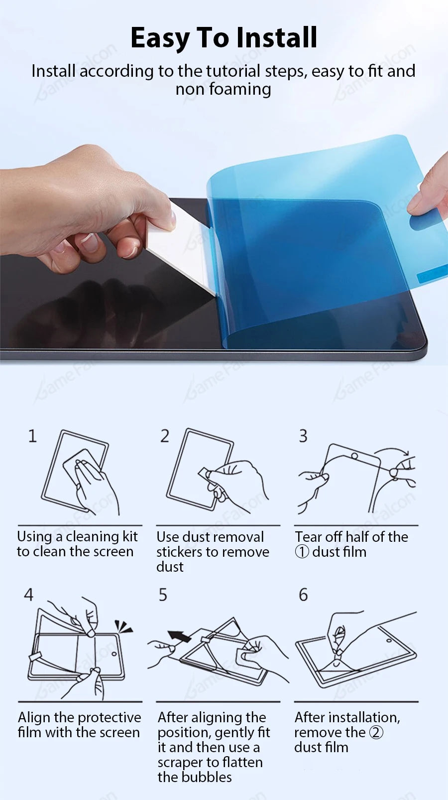 Instrucciones para instalar un protector de pantalla mate en un iPad usando un kit de limpieza y pegatinas para quitar el pol