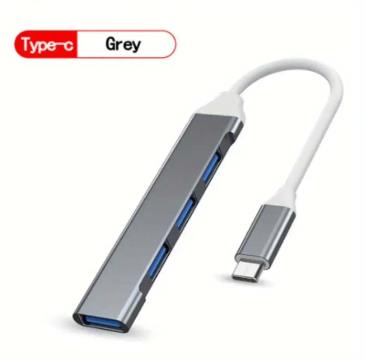 Grey Type-C hub with an adapter cable shown against a white background.