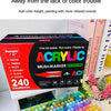 A box of acrylic brush markers with 240 colors and a large set of assorted colored markers.