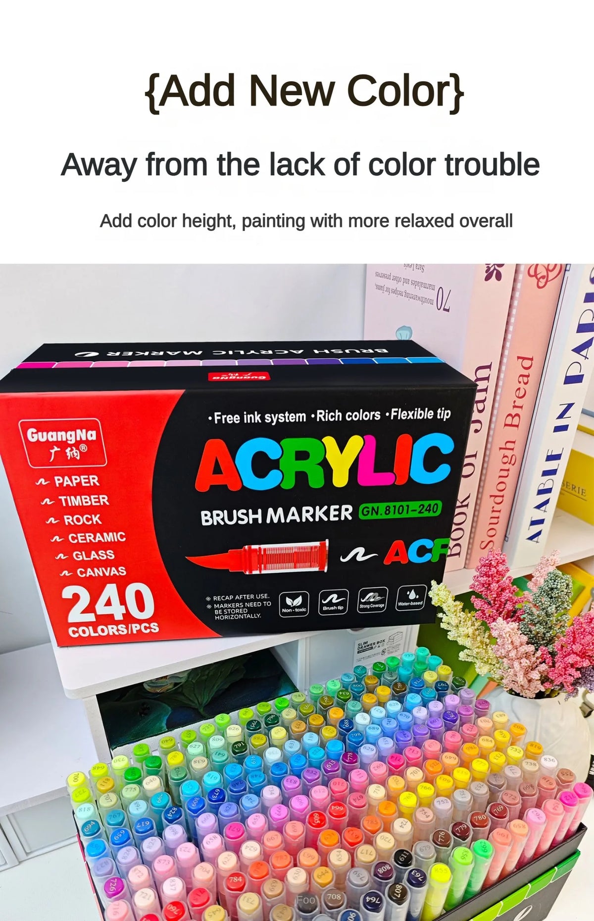 A box of acrylic brush markers with 240 colors and a large set of assorted colored markers.