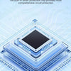 A close-up view of a square electronic chip with visible circuit lines and protective casing.