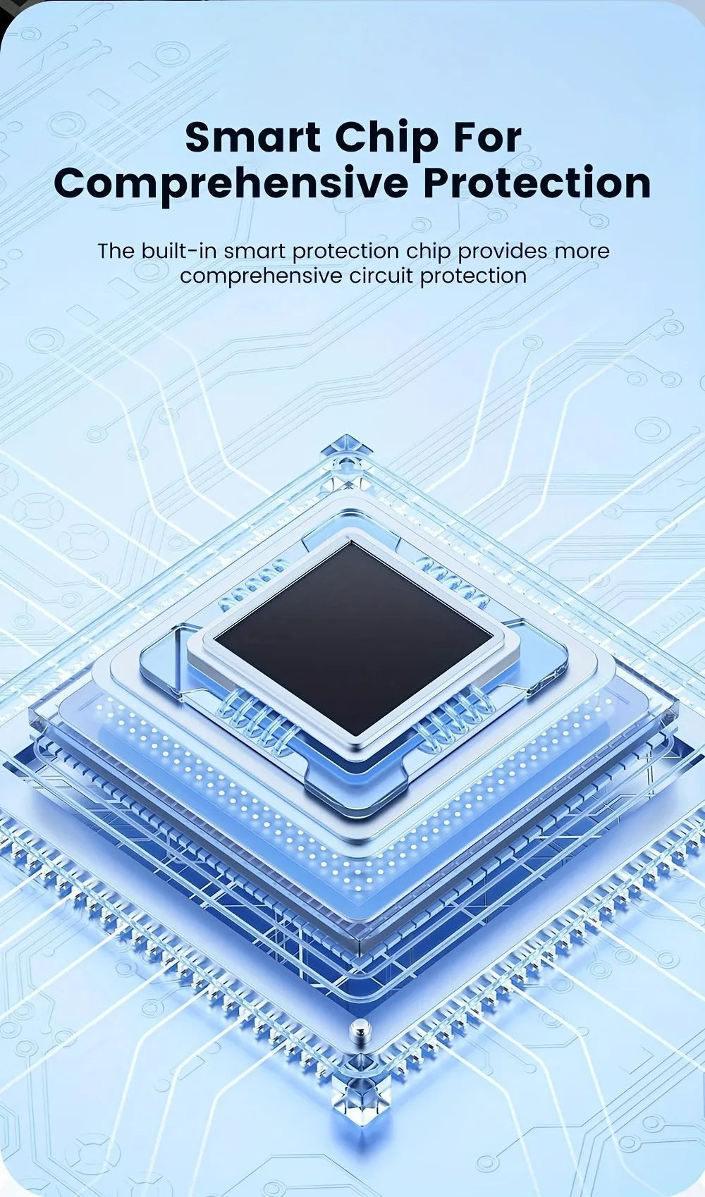 A close-up view of a square electronic chip with visible circuit lines and protective casing.