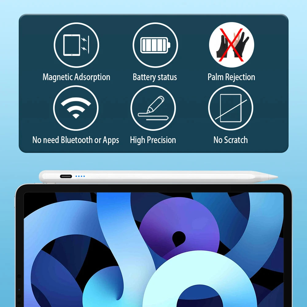 A precision stylus pen with magnetic adsorption, battery status indicator, and palm rejection features shown next to an iPad.