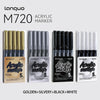 A set of Langqo M720 acrylic marker pens in gold, silvery, black, and white colors.