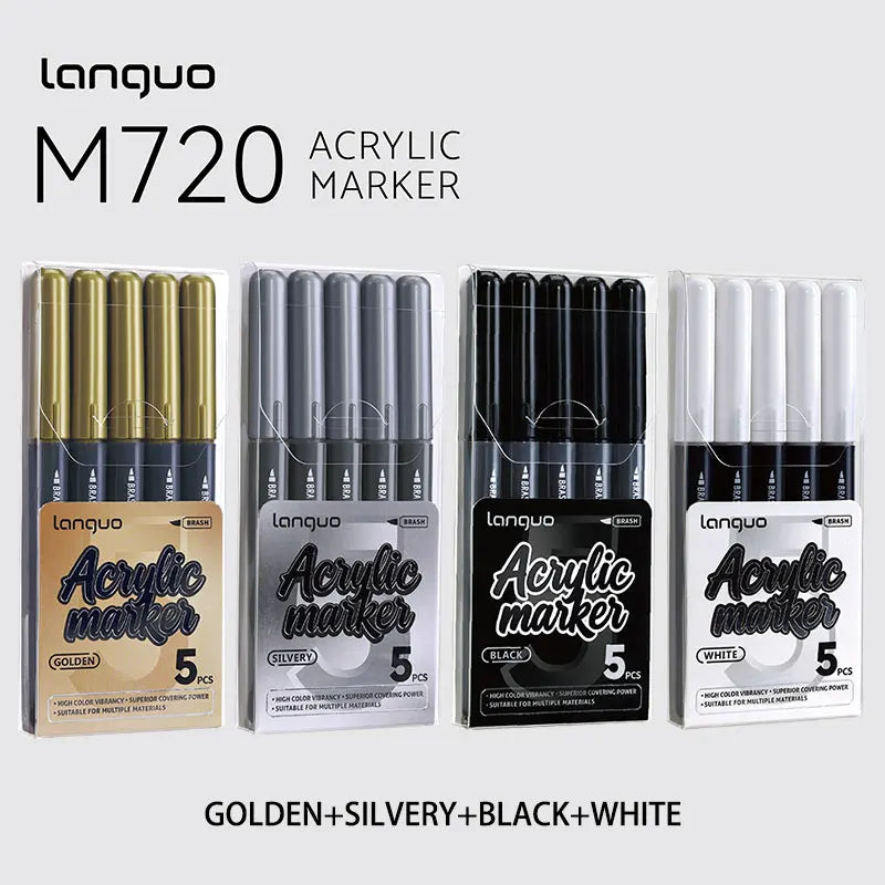 A set of Langqo M720 acrylic marker pens in gold, silvery, black, and white colors.