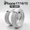 A white braided charging cable for iPhone 17, 16, or 15 phones.