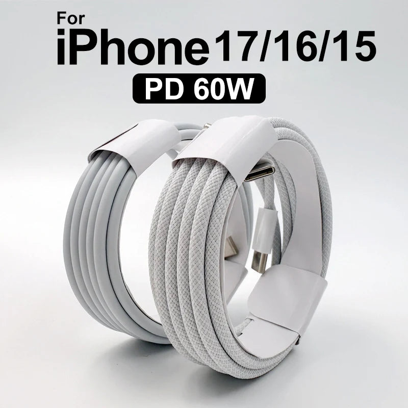 A white braided charging cable for iPhone 17, 16, or 15 phones.
