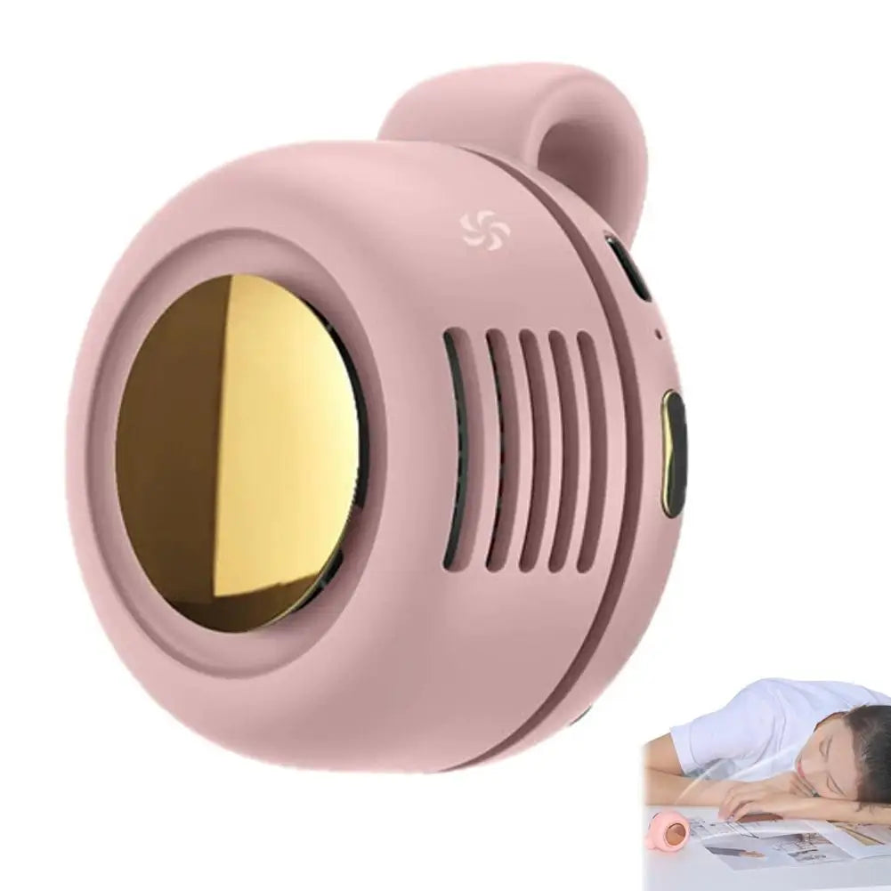 A pink portable mini blade-less electric fan with a circular grille and a small decorative symbol.