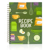 A green recipe book filled with illustrations of cooking tools and ingredients.