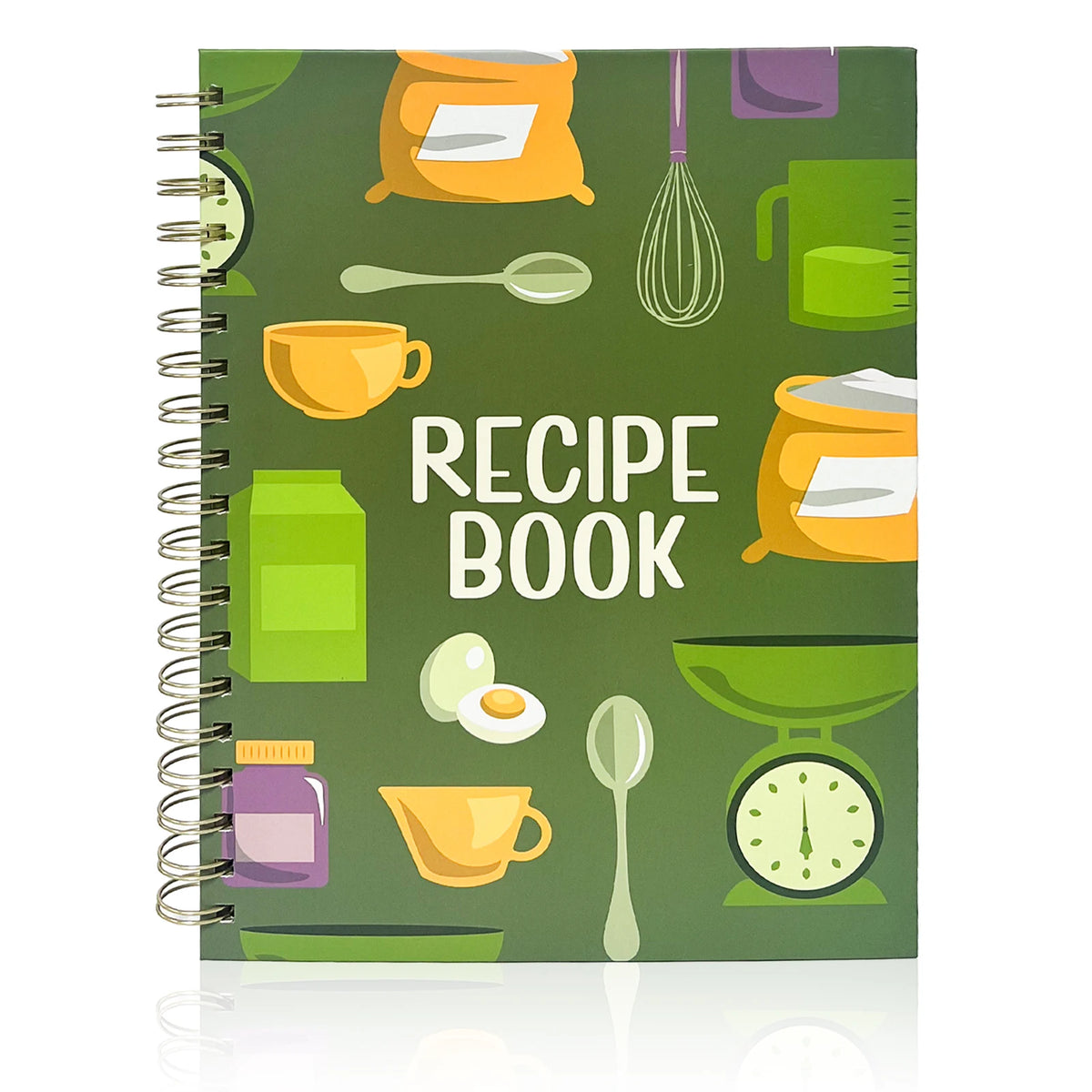 A green recipe book filled with illustrations of cooking tools and ingredients.