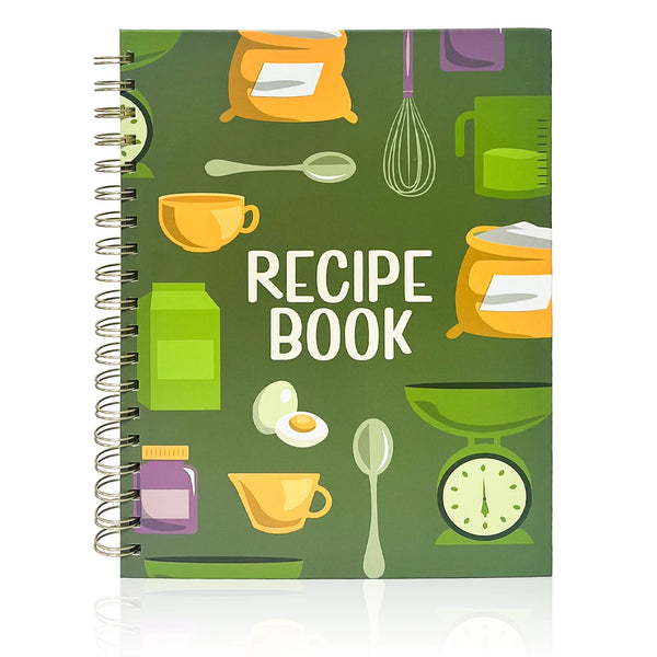 A green recipe book filled with illustrations of cooking tools and ingredients.