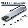 A silver USB-C 8 in 1 concentrator hub showing various ports including HDMI, USB, and SD/TF.