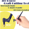 A hand is rotating a dark blue L-shaped craft cutting tool with a steel blade to demonstrate its 360-degree rotation.