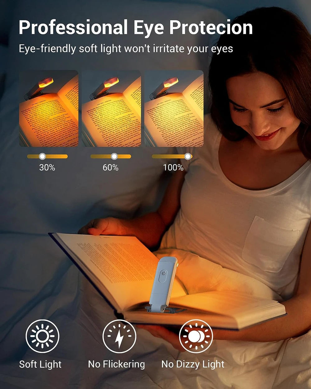 A woman reads a book using a professional eye protection LED light with adjustable brightness settings.