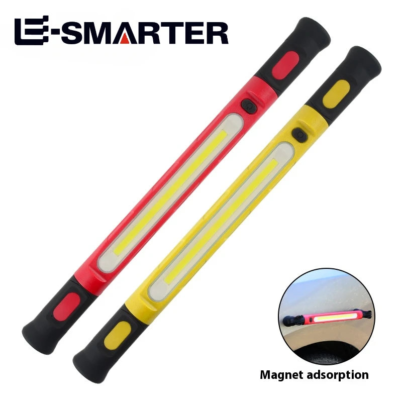 Magnetic rechargeable LED work light with a yellow and red body shown next to a circular inset demonstrating magnet adsorptio