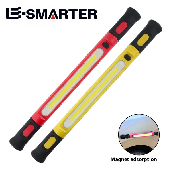 Magnetic rechargeable LED work light with a yellow and red body shown next to a circular inset demonstrating magnet adsorptio