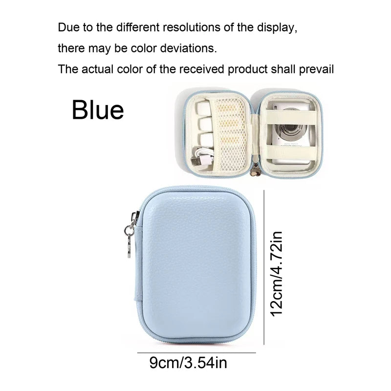 A light blue leather storage pouch organizer with a clear window showing internal compartments.