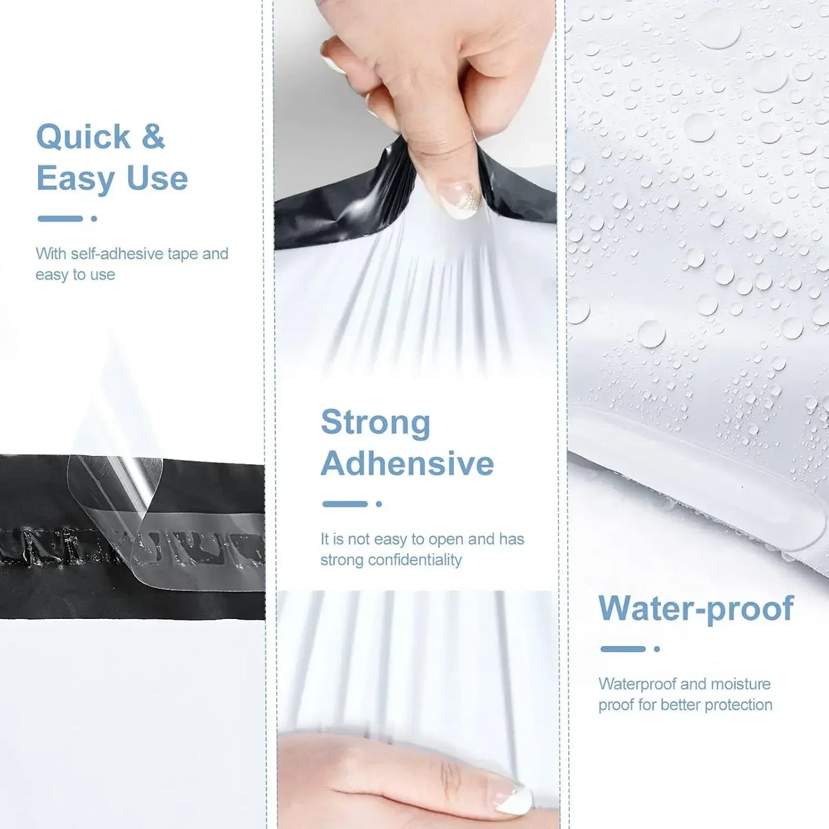 Close-up of a hand sealing a white poly mailer with black adhesive tape, demonstrating strong adhesive and waterproof feature