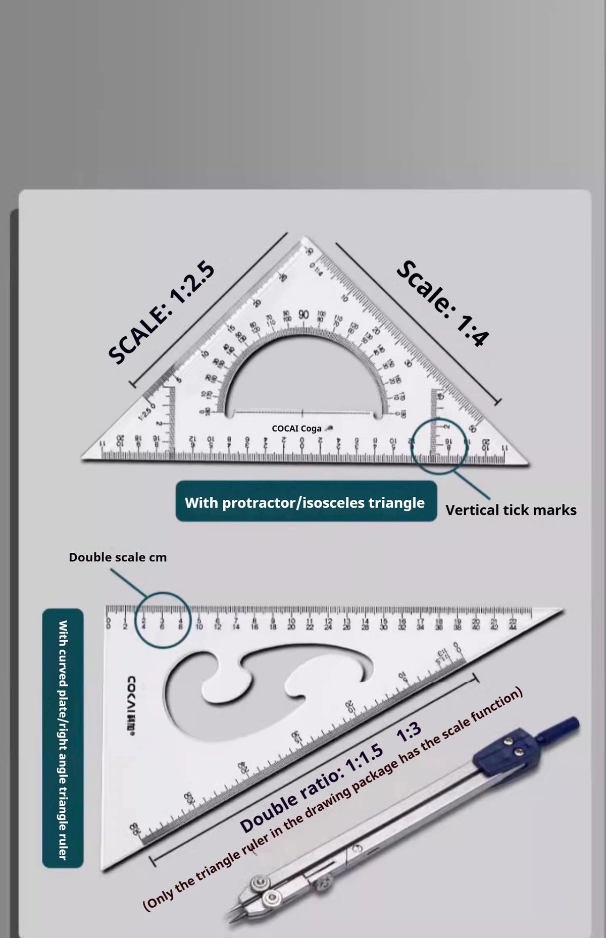 A precision triangular drafting ruler showing scales 1:2.5 and 1:4, with vertical tick marks and a double scale cm ruler.