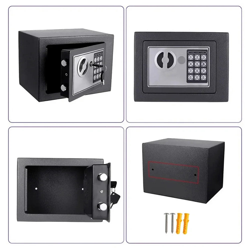 A black digital lock safe box with a keypad and a keyhole, shown in various views.