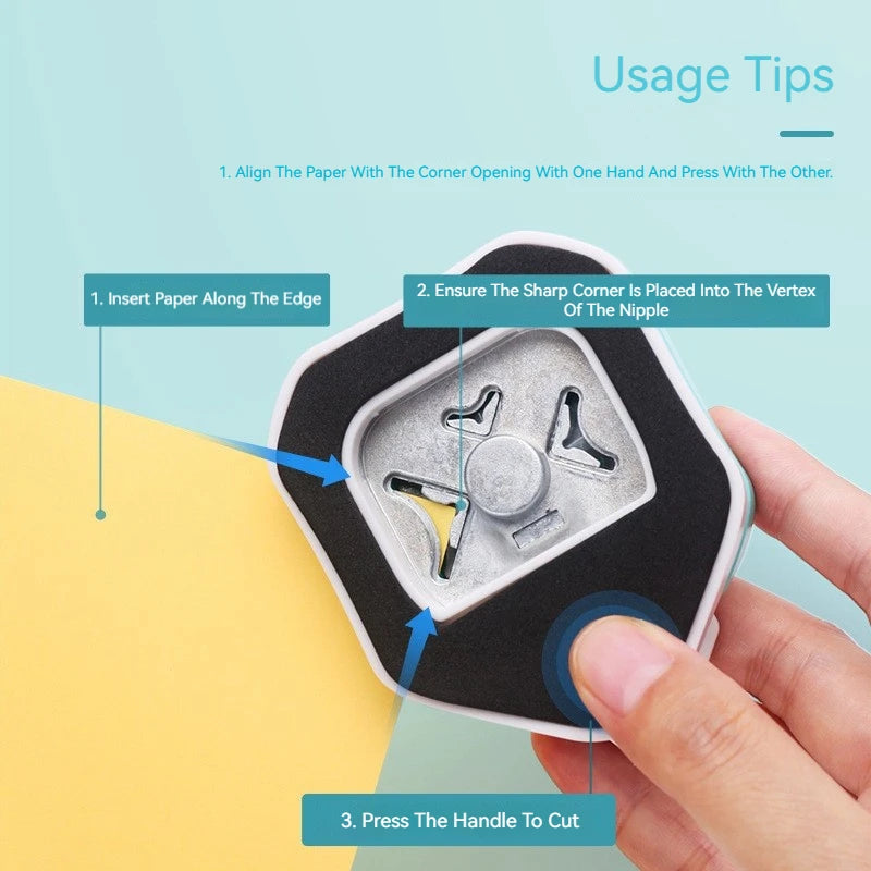A hand is shown using a 3-in-1 corner rounder punch for card making, demonstrating how to align paper and press the handle to