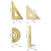 A set of brass drafting tools including a triangle, a compass, and a ruler with various measurements.