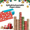 A cylindrical portable paper cutter with various rolls of wrapping paper and decorative items.