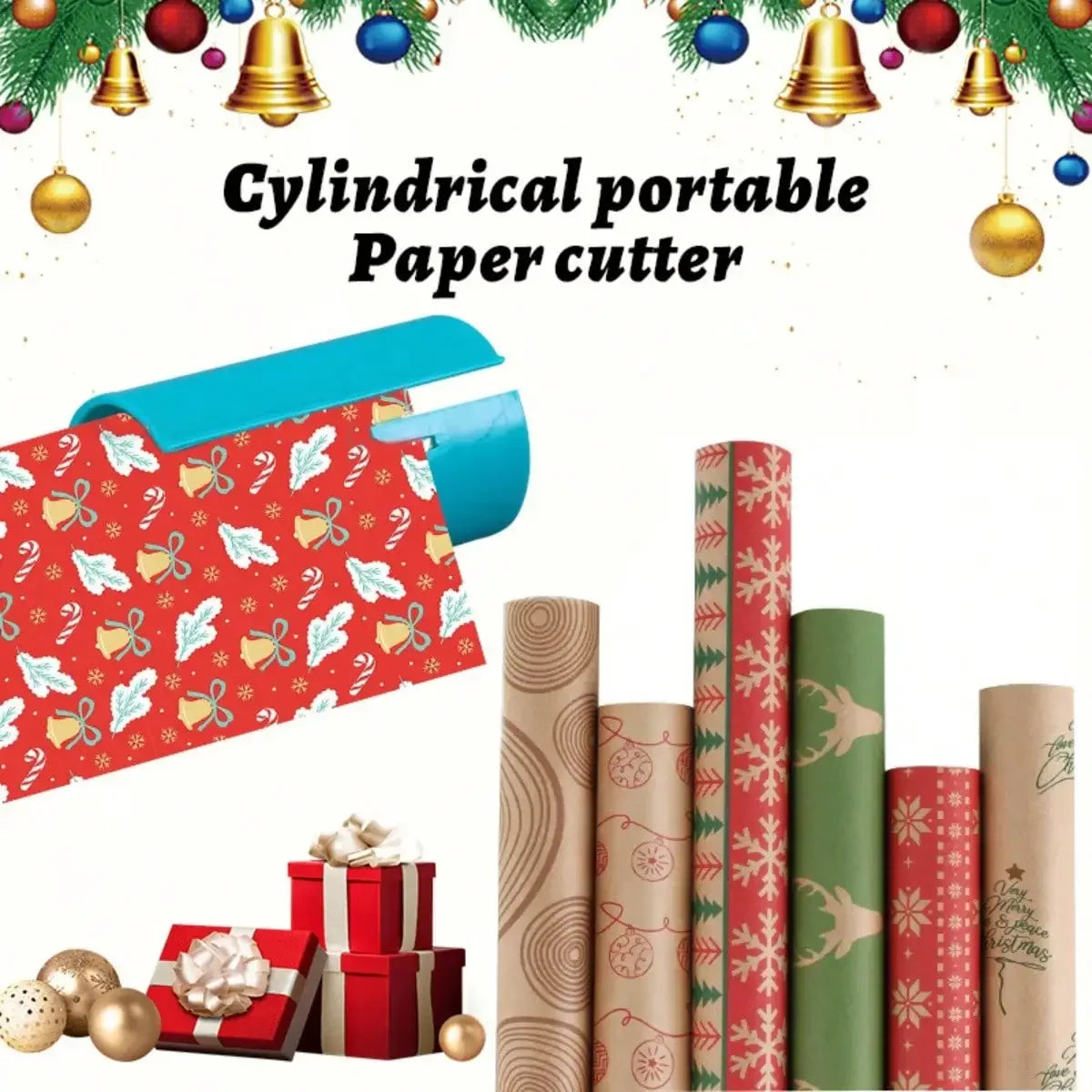 A cylindrical portable paper cutter with various rolls of wrapping paper and decorative items.
