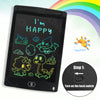 A black LCD writing tablet for kids displaying the text I'm HAPPY and various colorful drawings.