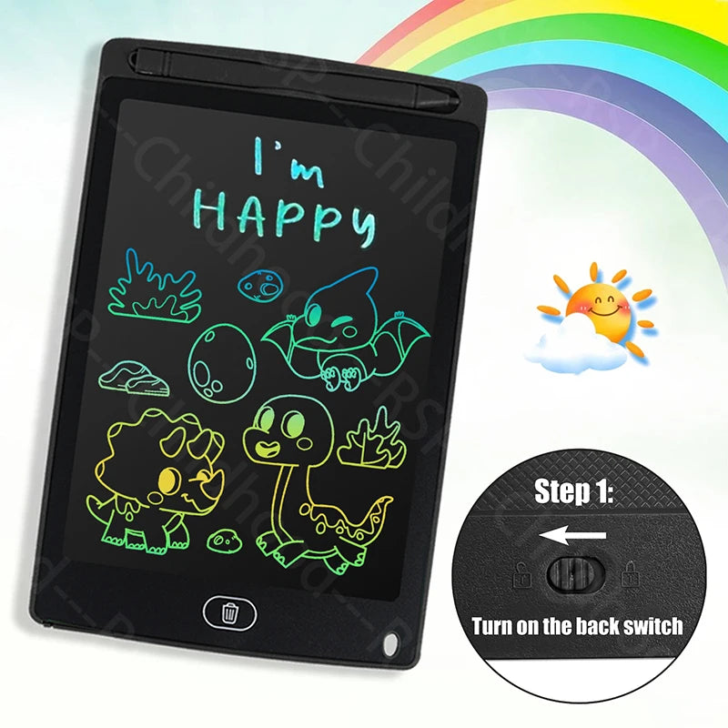 A black LCD writing tablet for kids displaying the text I'm HAPPY and various colorful drawings.