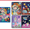 A set of four illustrated pages featuring children in space suits and various planets for a magic water drawing and coloring 