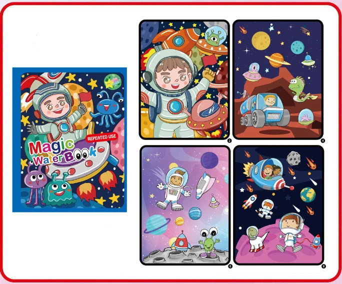 A set of four illustrated pages featuring children in space suits and various planets for a magic water drawing and coloring 