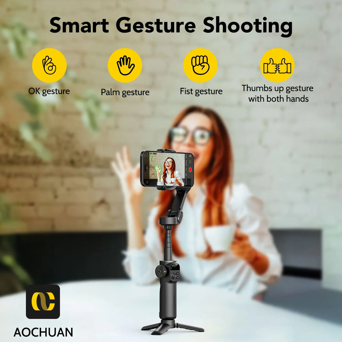 A woman demonstrates various smart gesture shooting techniques using a portable smartphone gimbal stabilizer.