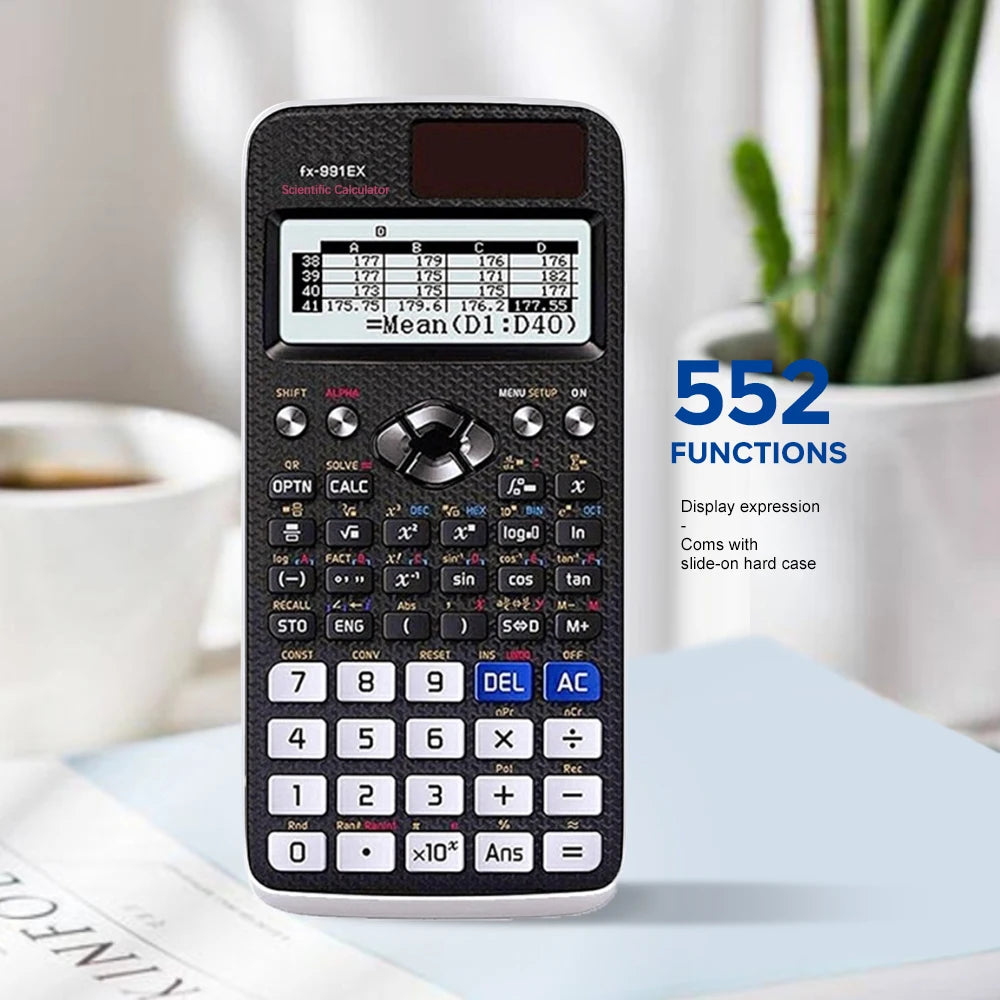 A black scientific calculator with a display showing Mean (D1:D40) and various functions is shown on a white surface.