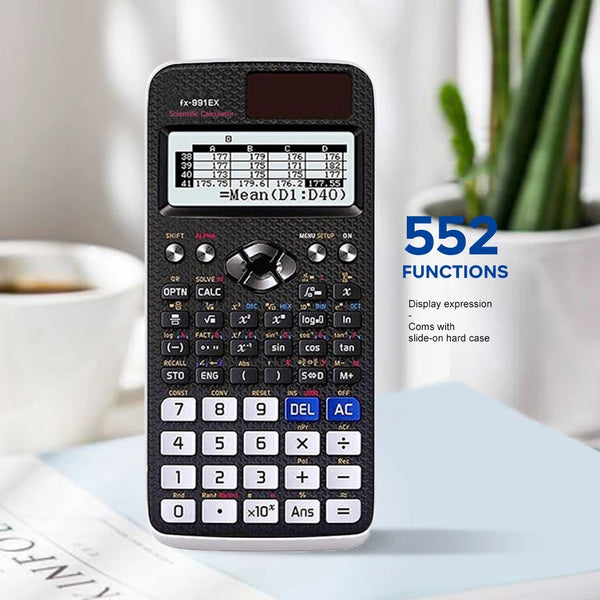 A black scientific calculator with a display showing Mean (D1:D40) and various functions is shown on a white surface.