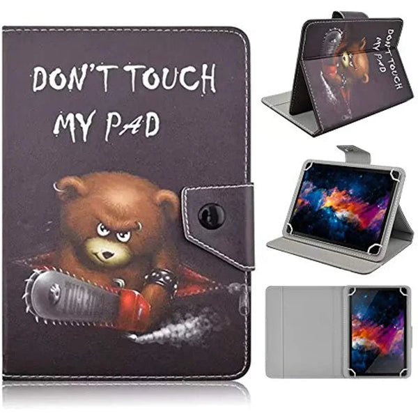 A dark gray leather folio case with a printed bear design and a clear window showing a tablet inside.