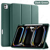 A dark green silicone protective case and stand for an iPad Pro tablet.