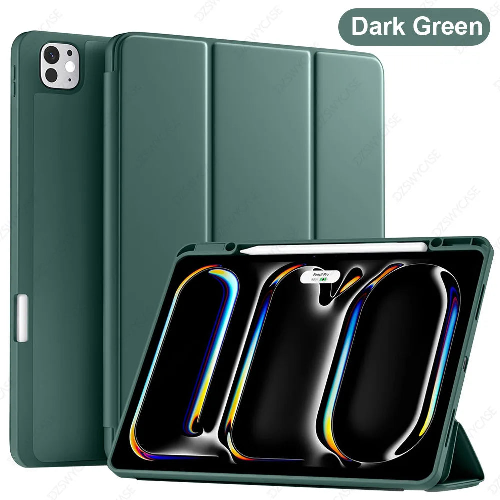 A dark green silicone protective case and stand for an iPad Pro tablet.