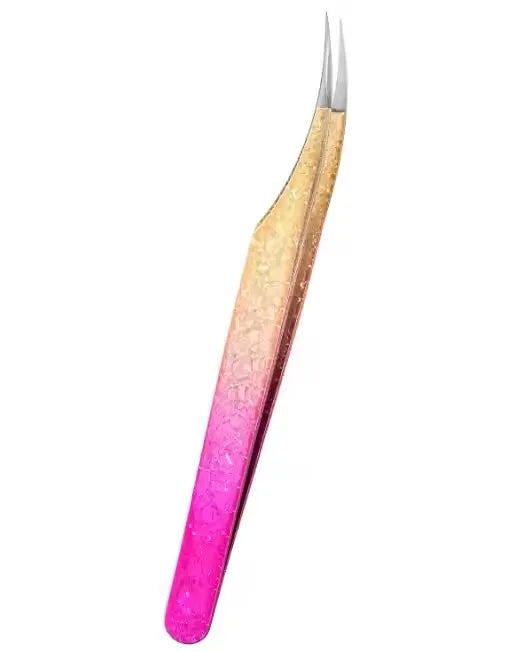 Precision eyelash extension tweezers with a gradient finish, showing pink and orange tones.