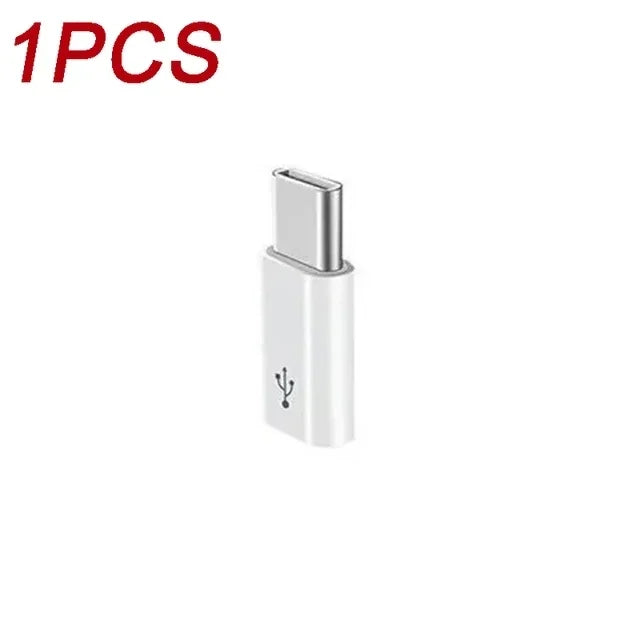 A white USB Type-C to Micro USB adapter converter with a metal plug.