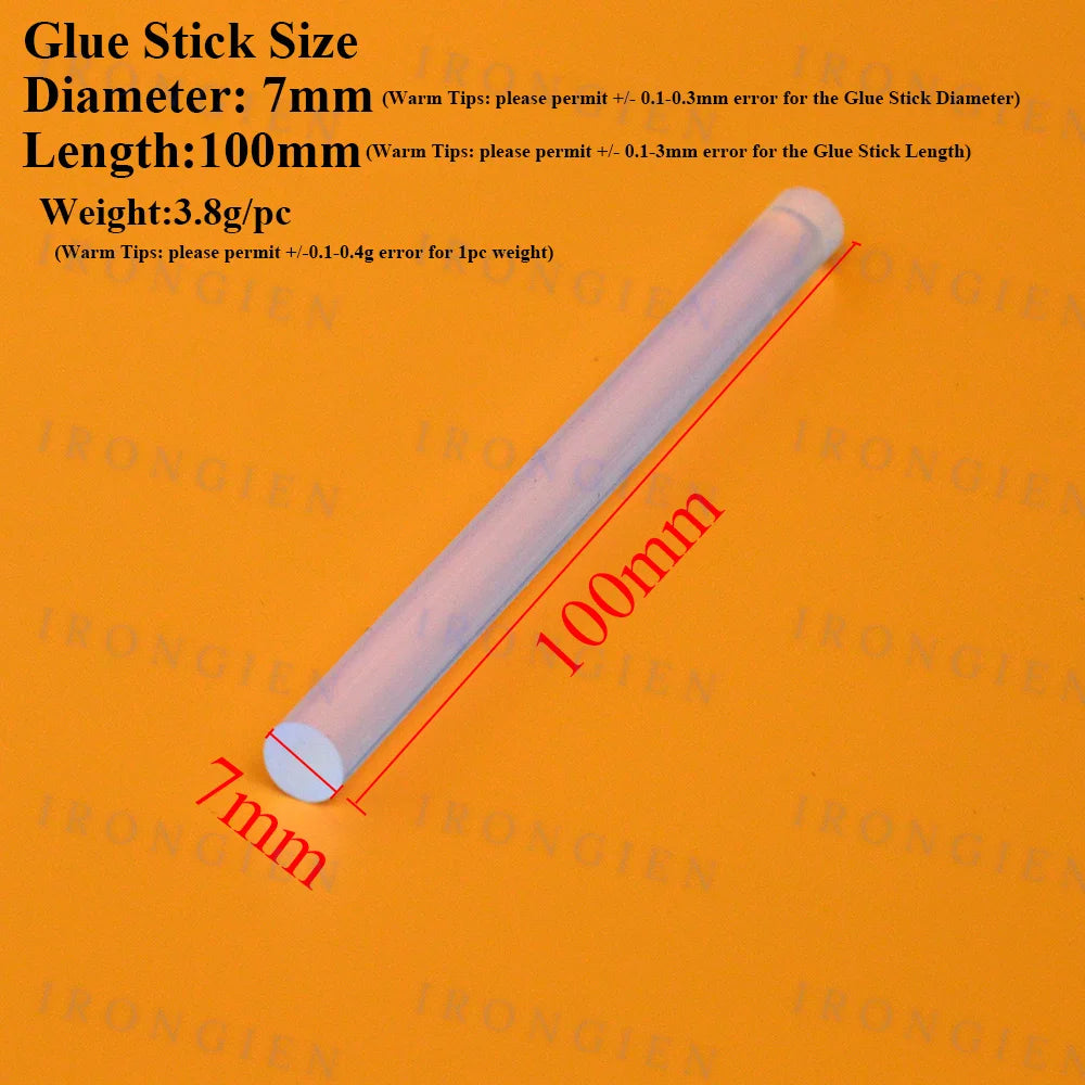 A clear hot melt glue stick measuring 7mm in diameter and 100mm in length shown against an orange background.