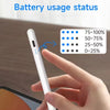Une main tient un stylet blanc affichant un graphique d'utilisation de la batterie avec des points bleus indiquant les niveau