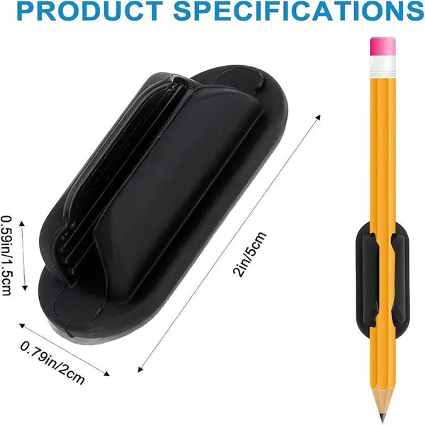 A black silicone pen holder and a yellow pencil are shown with dimensions.